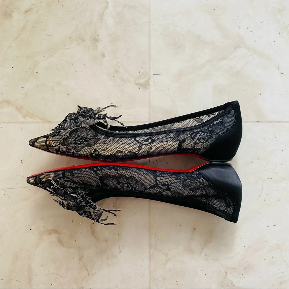 Christian Louboutin Delicatissima Black Satin Lace Pointed Toe Flats Size 8/38